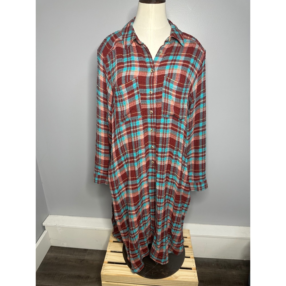 Pilcro and the Letterpress Plaid Shirt Dress XSP Burgundy Turquoise Midi Duster